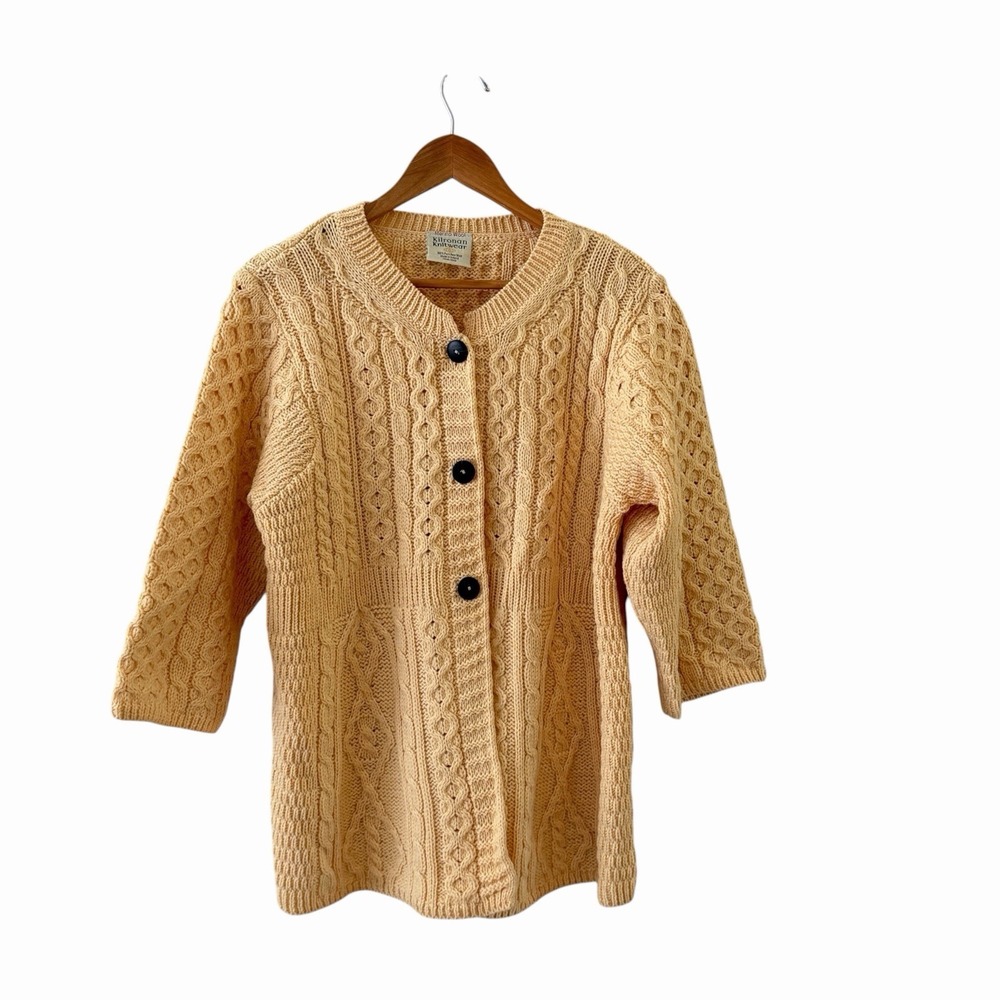 Kilronan Knitwear Merino Wool Cardigan Sweater Womens XL Ireland Fisherman 90s